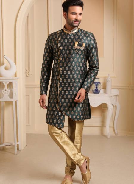 Bottle Green New Party Wear Jacquard Silk Digital Print Indo Western Mens Collection 9224